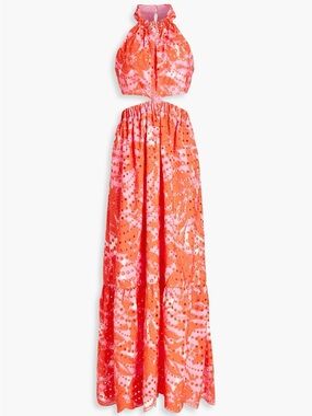 Monique Lhuillier Cutout Floral Print Broderie Anglaise Halterneck Maxi Dress